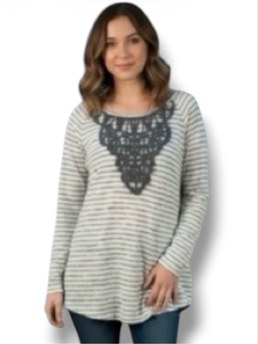 Massini Y2K Striped Knit Tunic Top with Crochet Lace Detail - Size S 🍭
